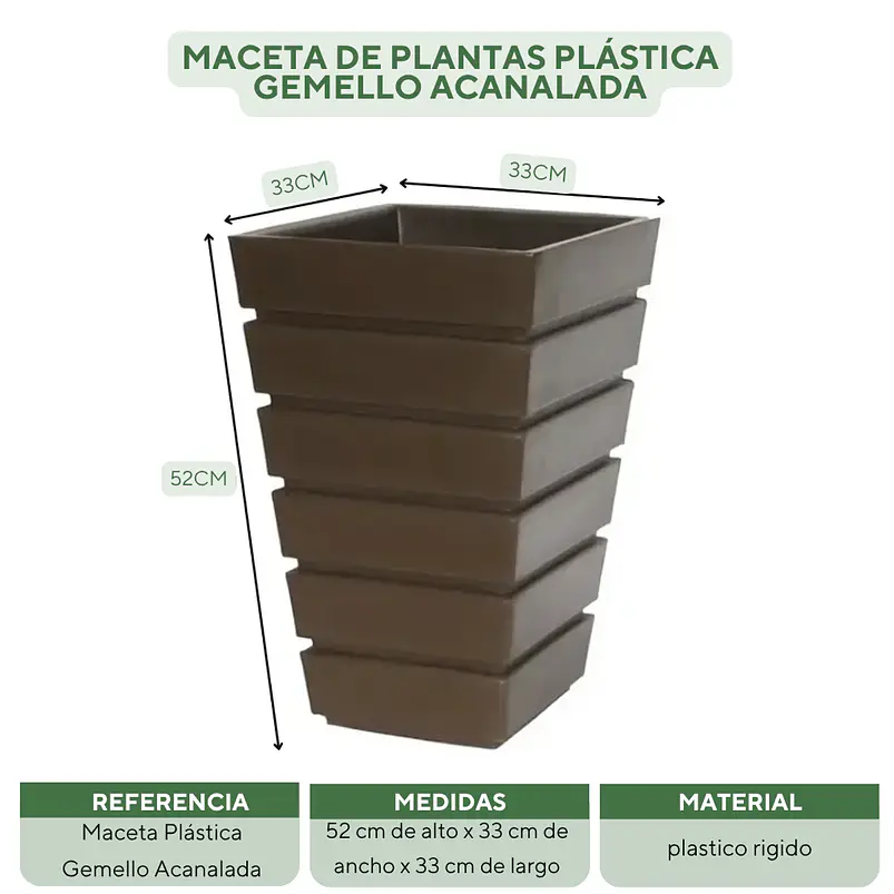 Maceta De Plantas Plástica Gemello Acanalada 33*33*52cm Alto 9