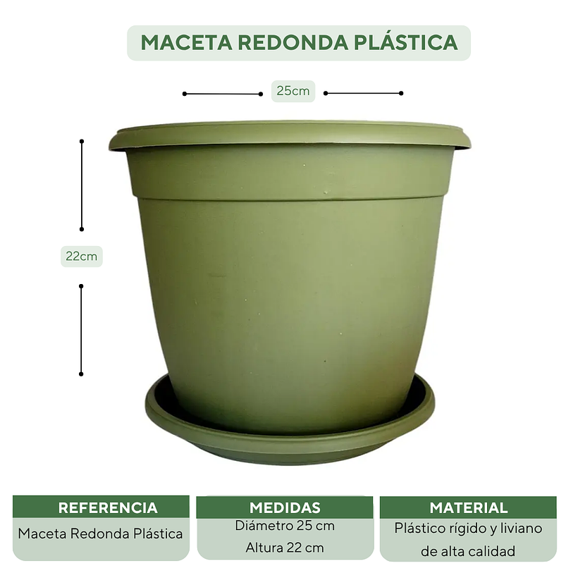 Matera Maceta Redonda Plástica 25cm Diámetro x22cm Alto Más Plato 21