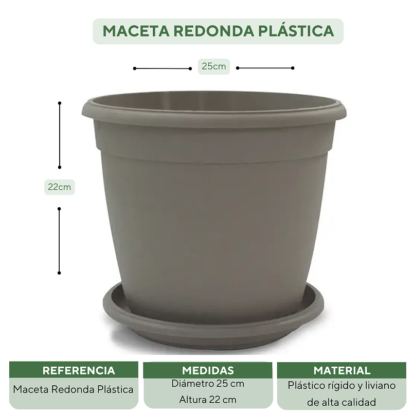 Matera Maceta Redonda Plástica 25cm Diámetro x22cm Alto Más Plato 16
