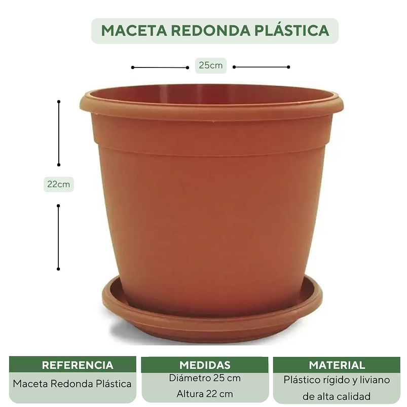 Matera Maceta Redonda Plástica 25cm Diámetro x22cm Alto Más Plato 18
