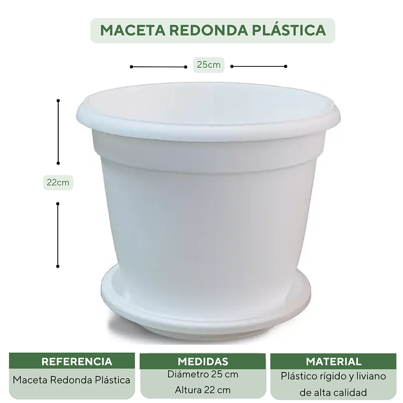 Matera Maceta Redonda Plástica 25cm Diámetro x22cm Alto Más Plato 19