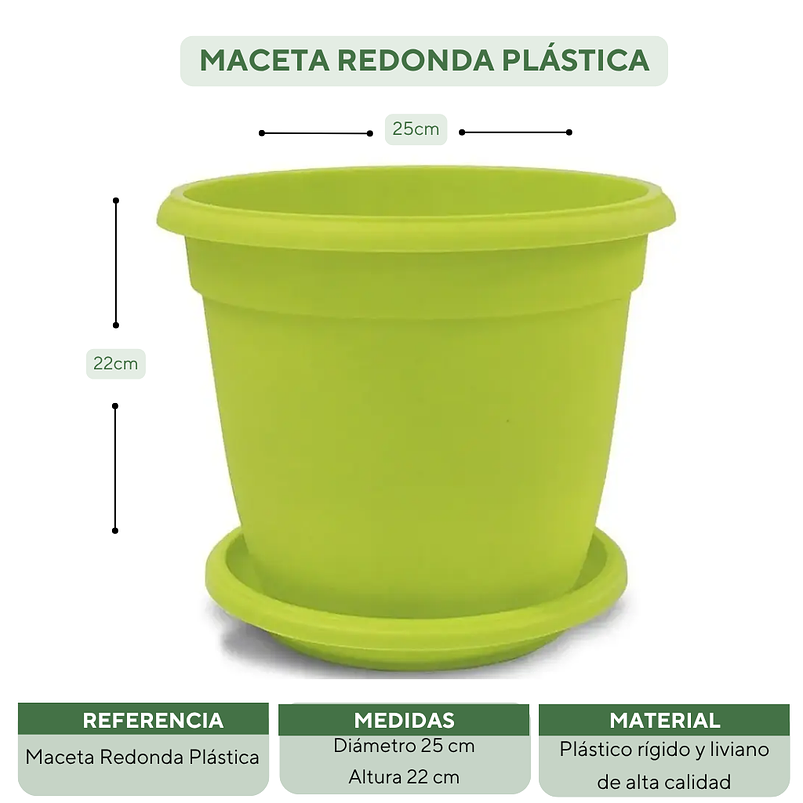 Matera Maceta Redonda Plástica 25cm Diámetro x22cm Alto Más Plato 14
