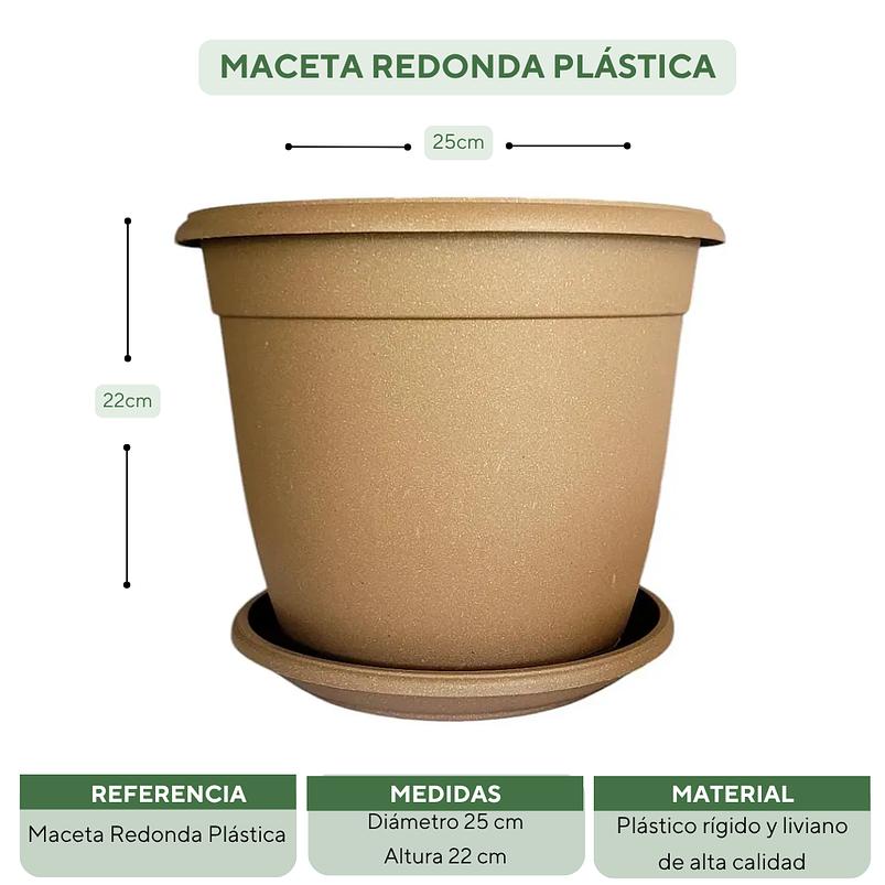 Matera Maceta Redonda Plástica 25cm Diámetro x22cm Alto Más Plato 20