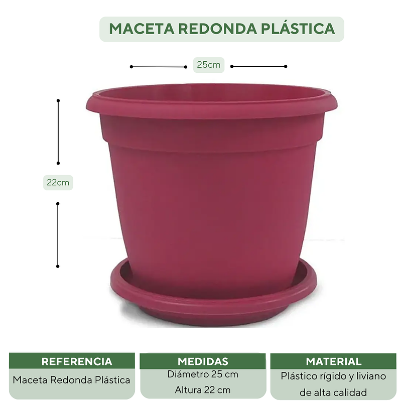 Matera Maceta Redonda Plástica 25cm Diámetro x22cm Alto Más Plato 13