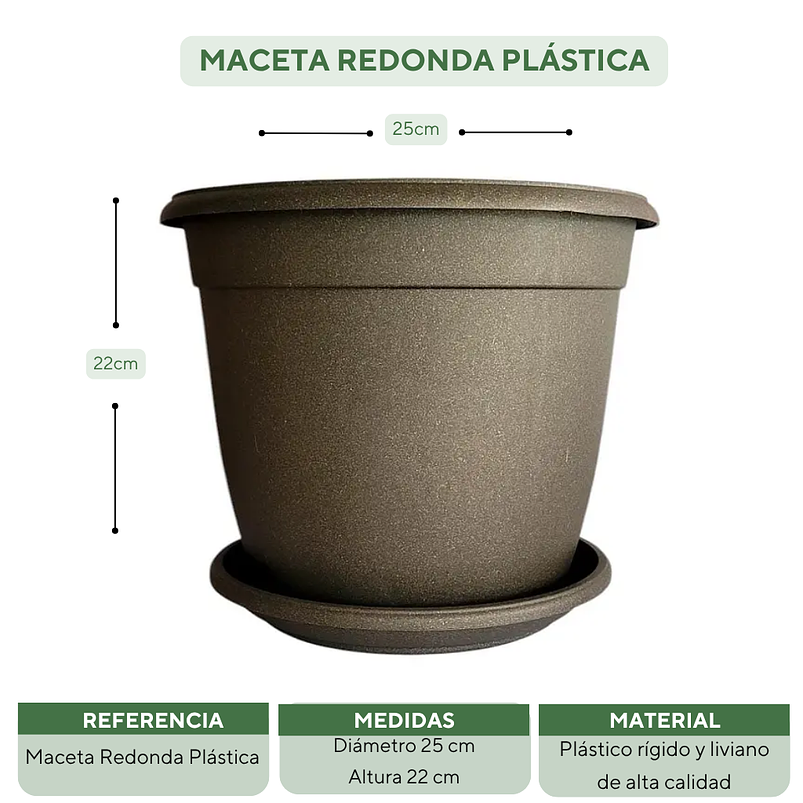 Matera Maceta Redonda Plástica 25cm Diámetro x22cm Alto Más Plato 23