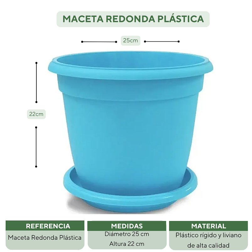 Matera Maceta Redonda Plástica 25cm Diámetro x22cm Alto Más Plato 17