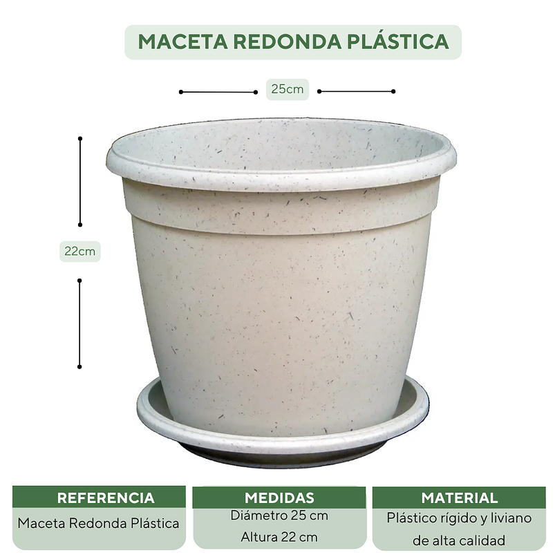 Matera Maceta Redonda Plástica 25cm Diámetro x22cm Alto Más Plato 22