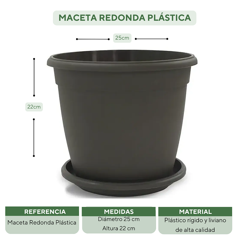 Matera Maceta Redonda Plástica 25cm Diámetro x22cm Alto Más Plato 15