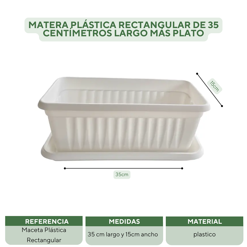 Matera Plástica Rectangular De 35 centímetros Largo Más Plato 10