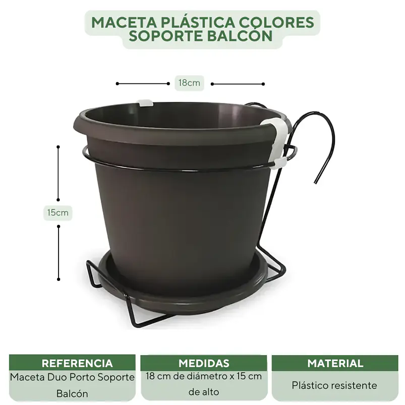 Maceta Plástica Colores Soporte Balcón Más plato 18cm Diámetro x15cm 14