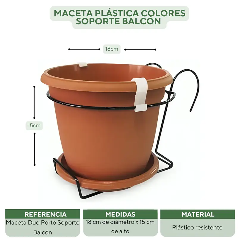 Maceta Plástica Colores Soporte Balcón Más plato 18cm Diámetro x15cm 12