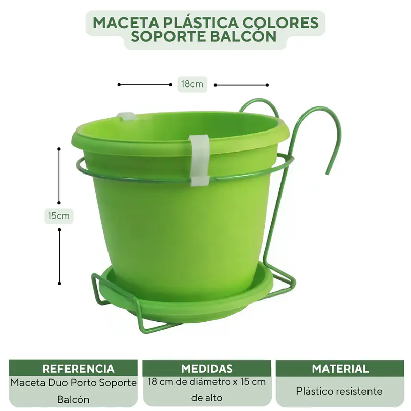 Maceta Plástica Colores Soporte Balcón Más plato 18cm Diámetro x15cm 13