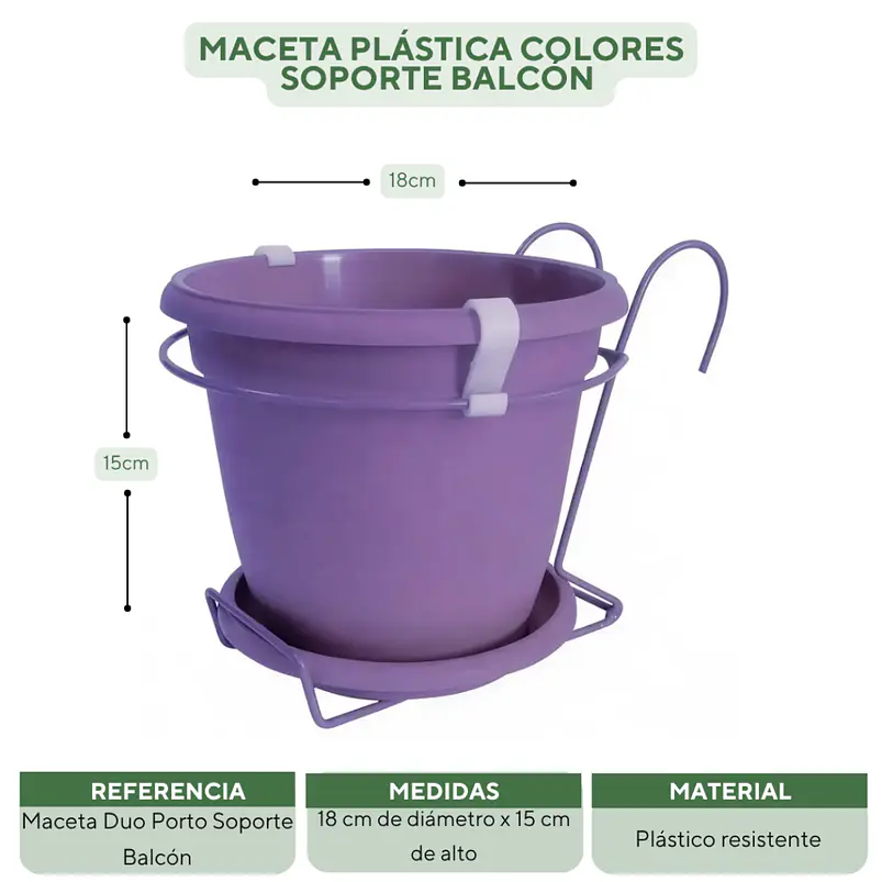 Maceta Plástica Colores Soporte Balcón Más plato 18cm Diámetro x15cm 11