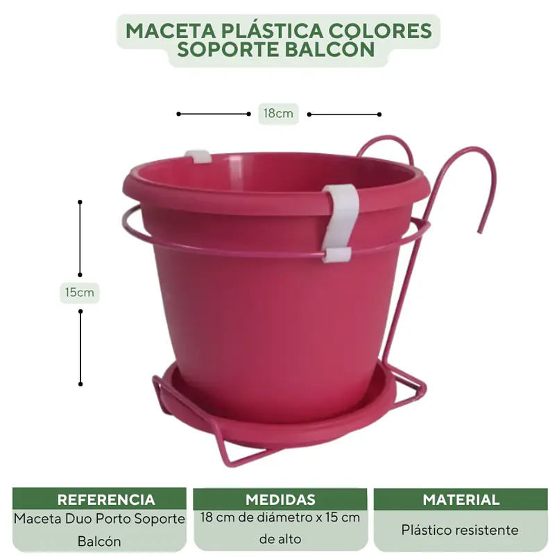 Maceta Plástica Colores Soporte Balcón Más plato 18cm Diámetro x15cm 9