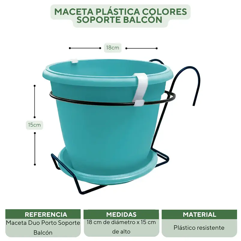 Maceta Plástica Colores Soporte Balcón Más plato 18cm Diámetro x15cm 16