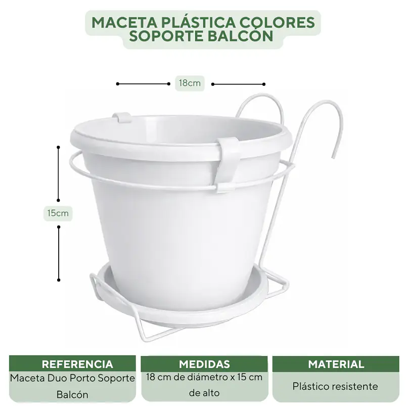 Maceta Plástica Colores Soporte Balcón Más plato 18cm Diámetro x15cm 15