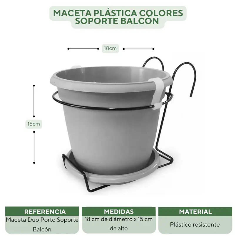 Maceta Plástica Colores Soporte Balcón Más plato 18cm Diámetro x15cm 10