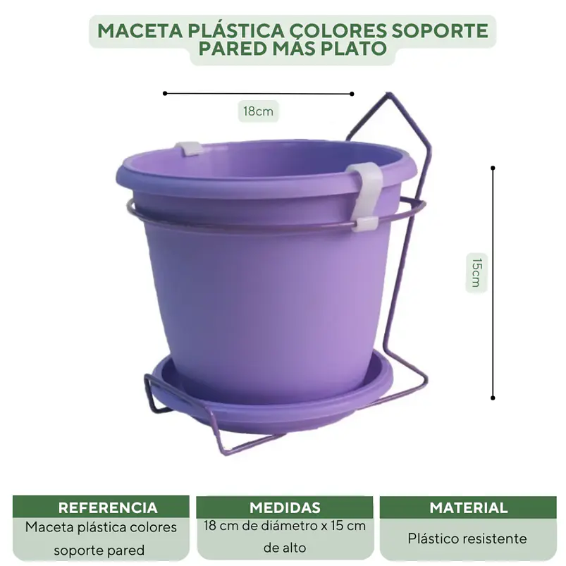 Maceta plástica colores soporte pared más plato 18cm diámetro x15cm 9