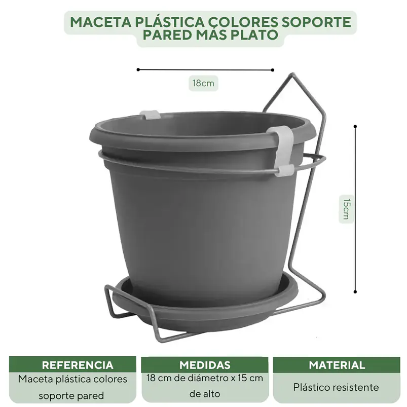 Maceta plástica colores soporte pared más plato 18cm diámetro x15cm 10