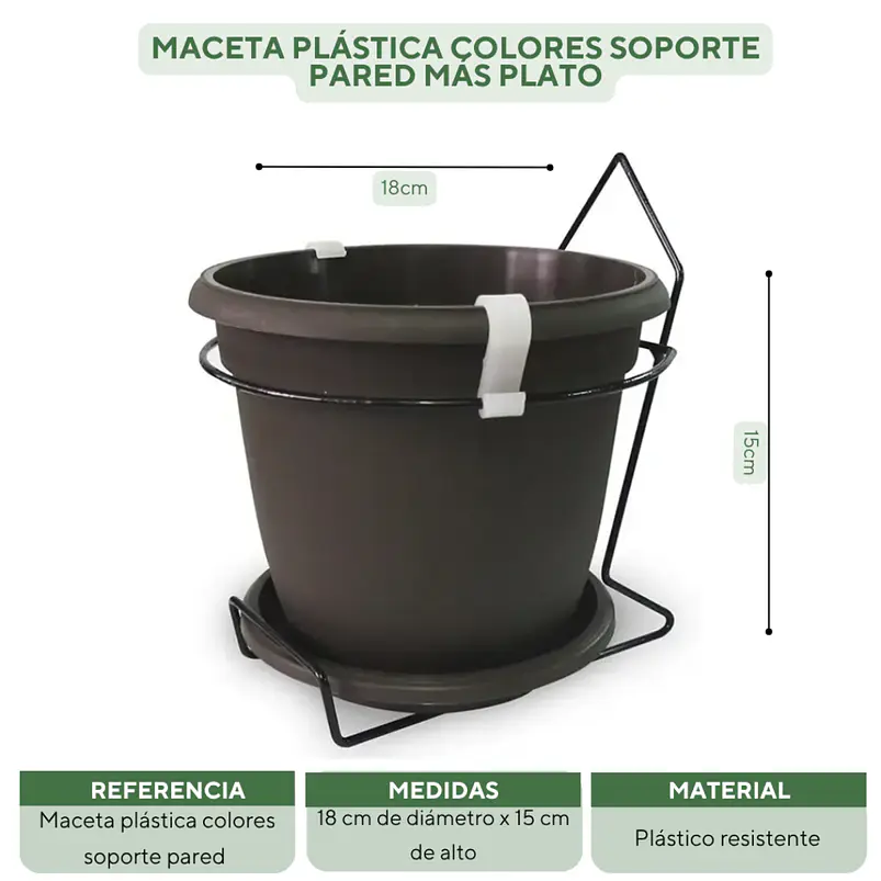 Maceta plástica colores soporte pared más plato 18cm diámetro x15cm 11