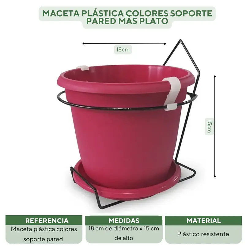Maceta plástica colores soporte pared más plato 18cm diámetro x15cm 12