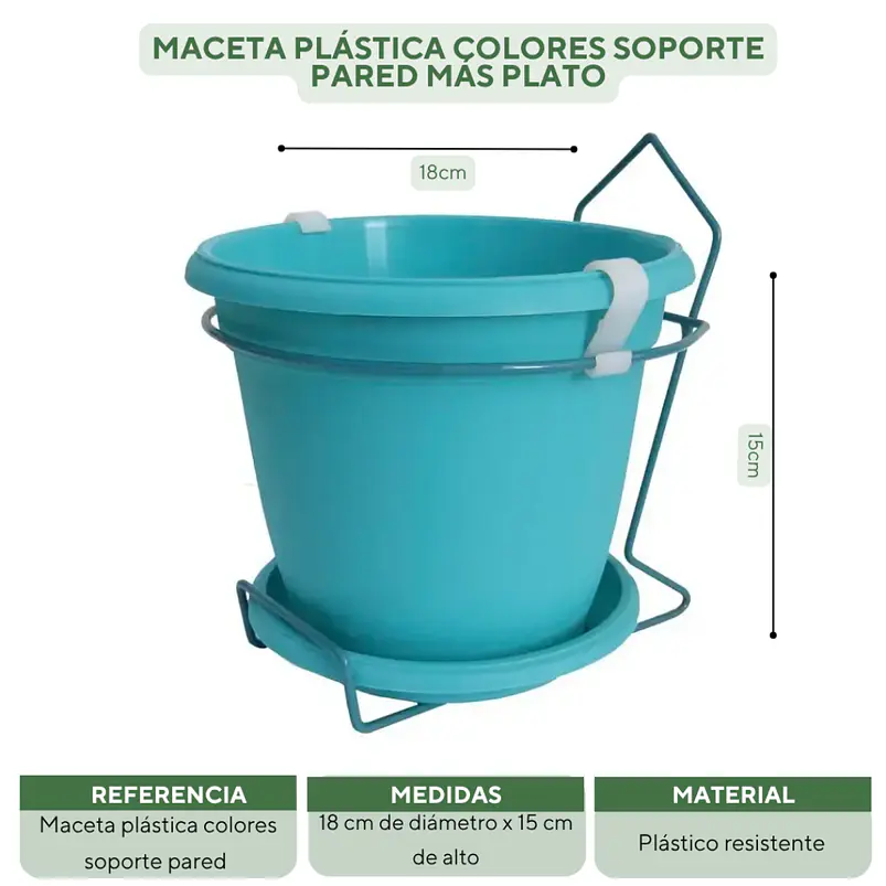 Maceta plástica colores soporte pared más plato 18cm diámetro x15cm 13
