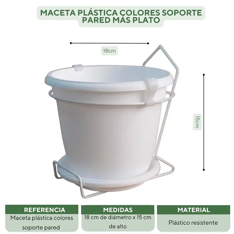 Maceta plástica colores soporte pared más plato 18cm diámetro x15cm 14