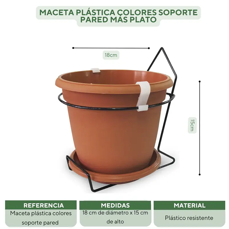 Maceta plástica colores soporte pared más plato 18cm diámetro x15cm 15