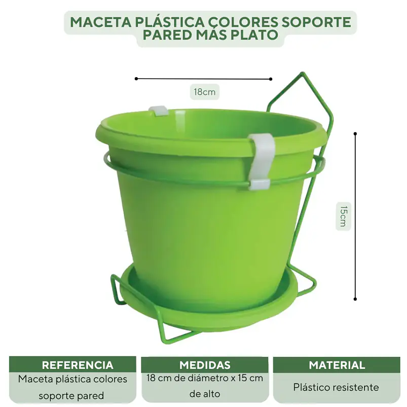 Maceta plástica colores soporte pared más plato 18cm diámetro x15cm 16