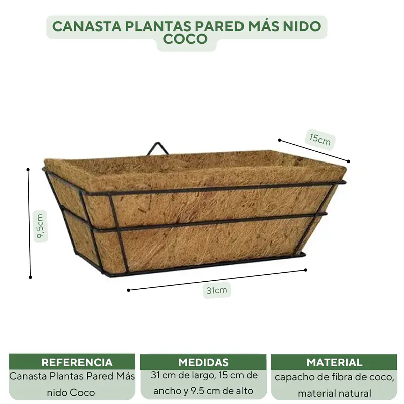 Canasta Plantas Pared Más nido Coco x31cm Largo Rectangular 3