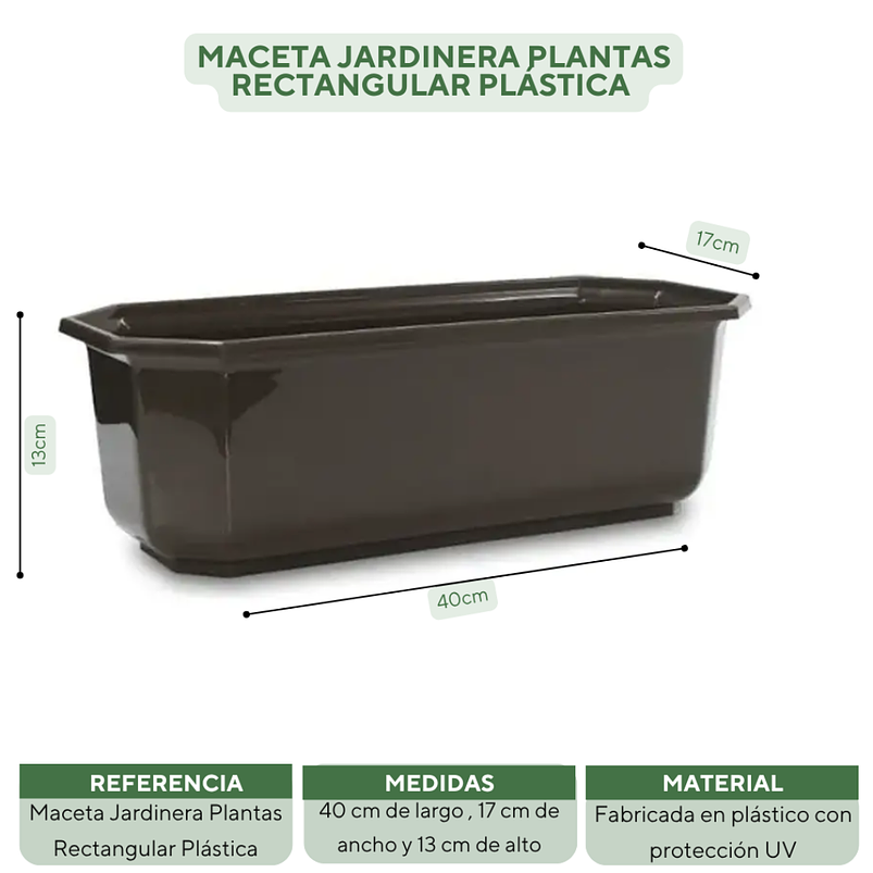 Maceta Jardinera Plantas Rectangular Plástica 40cm Largo 6