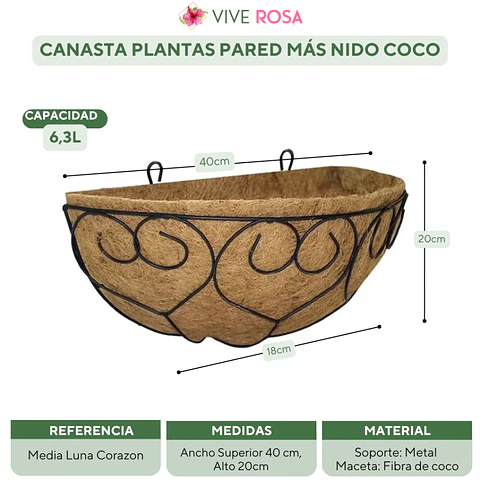 Canasta Plantas Pared Más nido Coco x40cm Largo Corazón 
