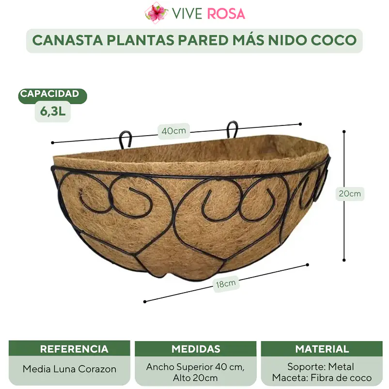 Canasta Plantas Pared Más nido Coco x40cm Largo Corazón  2