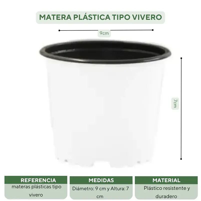 Matera plástica tipo vivero x25 unidades color 9cm diámetro x7cm alto 18