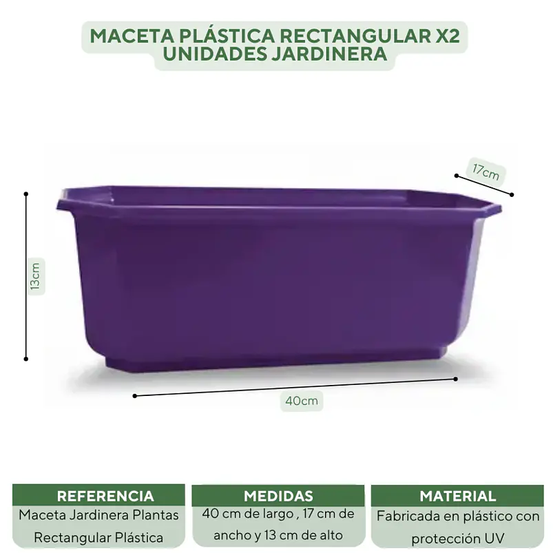 Maceta Plástica Rectangular x2 Unidades Jardinera x40cm De Largo 19