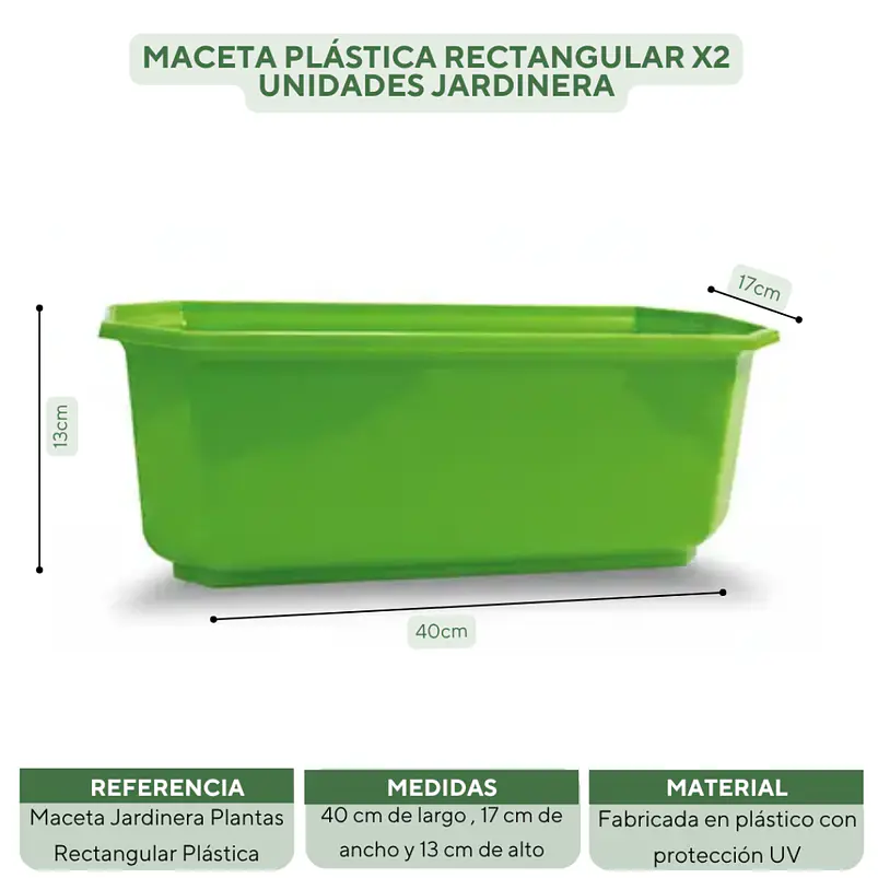 Maceta Plástica Rectangular x2 Unidades Jardinera x40cm De Largo 20