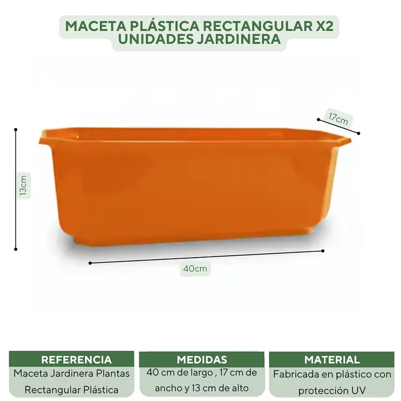 Maceta Plástica Rectangular x2 Unidades Jardinera x40cm De Largo 21