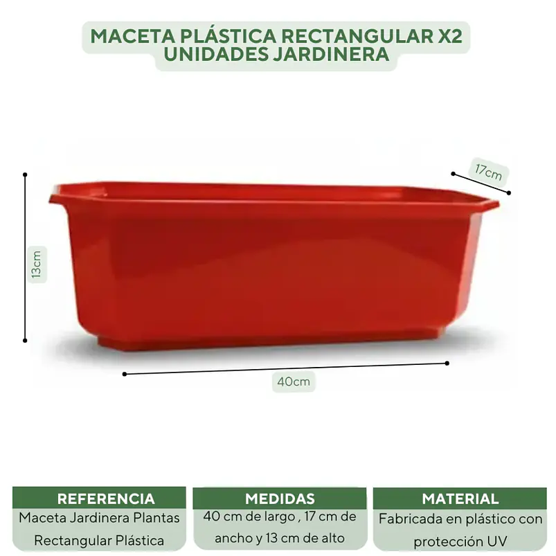 Maceta Plástica Rectangular x2 Unidades Jardinera x40cm De Largo 22