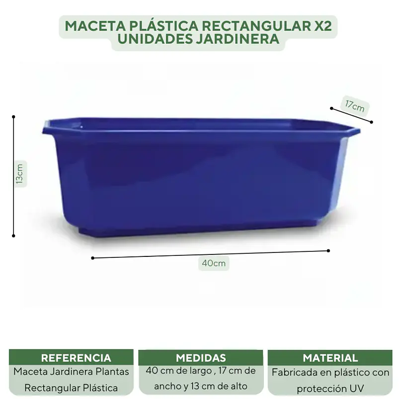 Maceta Plástica Rectangular x2 Unidades Jardinera x40cm De Largo 23