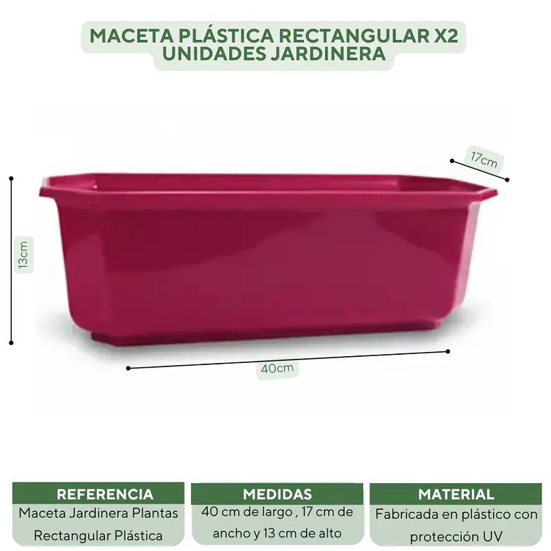 Maceta Plástica Rectangular x2 Unidades Jardinera x40cm De Largo 24