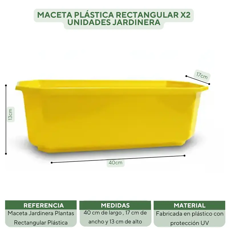 Maceta Plástica Rectangular x2 Unidades Jardinera x40cm De Largo 26