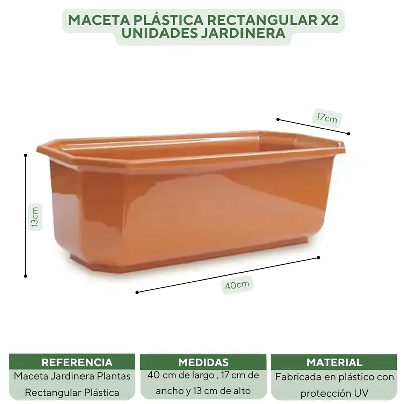 Maceta Plástica Rectangular x2 Unidades Jardinera x40cm De Largo 28