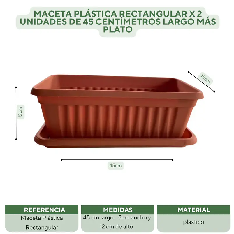 Maceta Plástica Rectangular x 2 Unidades de 45 centímetros Largo Más Plato 15