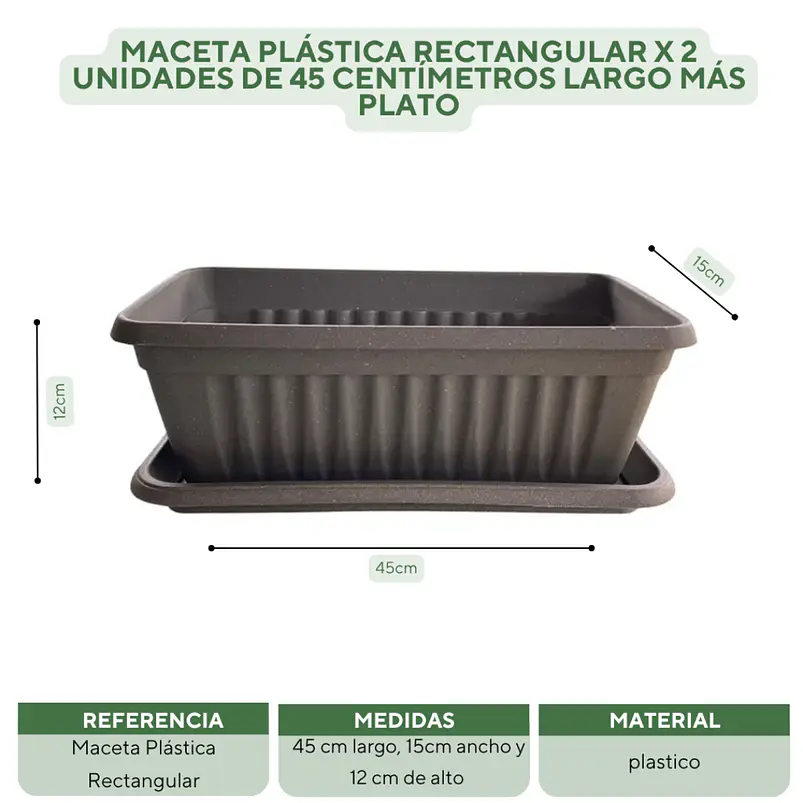 Maceta Plástica Rectangular x 2 Unidades de 45 centímetros Largo Más Plato 16