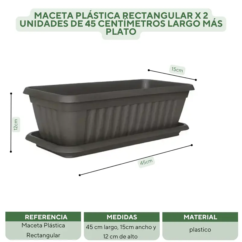 Maceta Plástica Rectangular x 2 Unidades de 45 centímetros Largo Más Plato 17