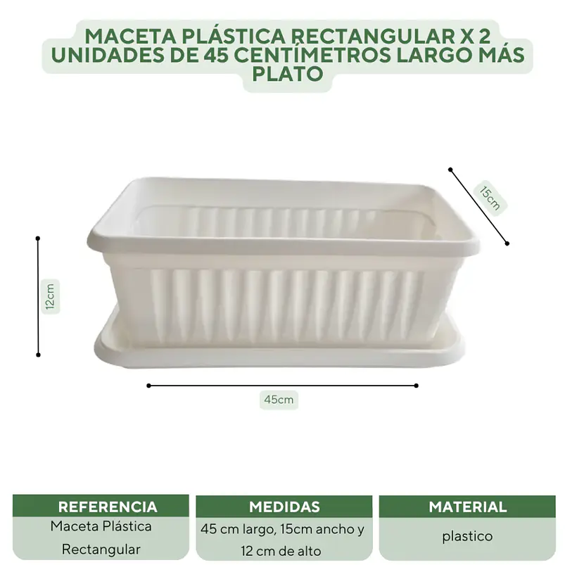 Maceta Plástica Rectangular x 2 Unidades de 45 centímetros Largo Más Plato 18