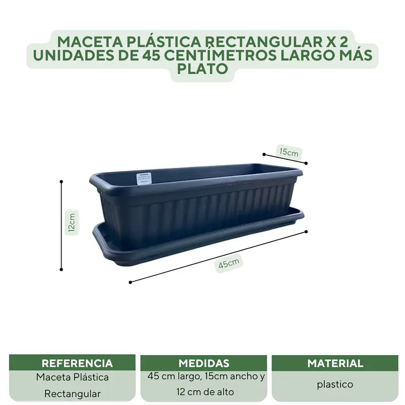 Maceta Plástica Rectangular x 2 Unidades de 45 centímetros Largo Más Plato 19