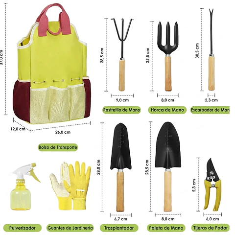 Set De Herramientas Jardinería 9 Piezas Mango Madera y Bolso