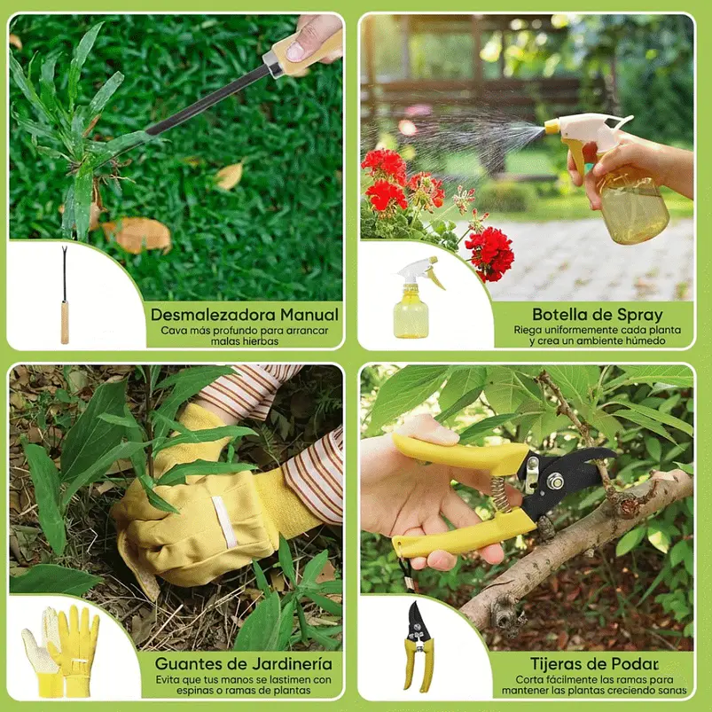 Set De Herramientas Jardinería 9 Piezas Mango Madera y Bolso 6