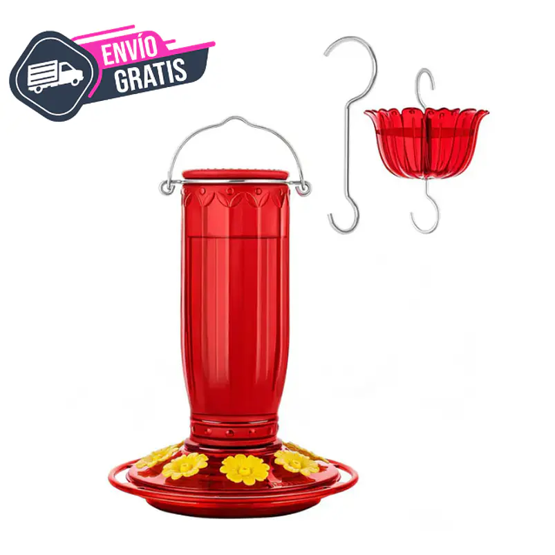 Bebedero Premium De Aves Colibries en Vidrio Colgante 8 Puertos de Alimentacion 1